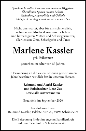Traueranzeige von Marlene Kassler von 201 Wetzlarer Neue Zeitung