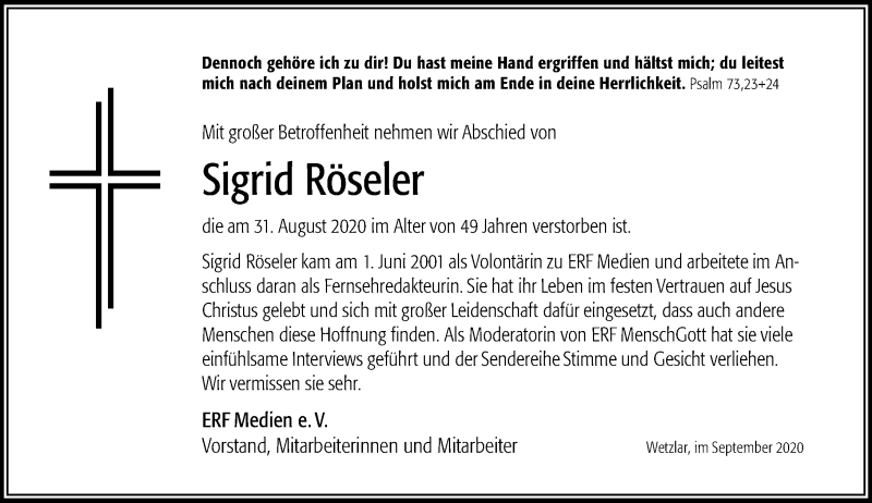  Traueranzeige für Sigrid Röseler vom 12.09.2020 aus 201 Wetzlarer Neue Zeitung