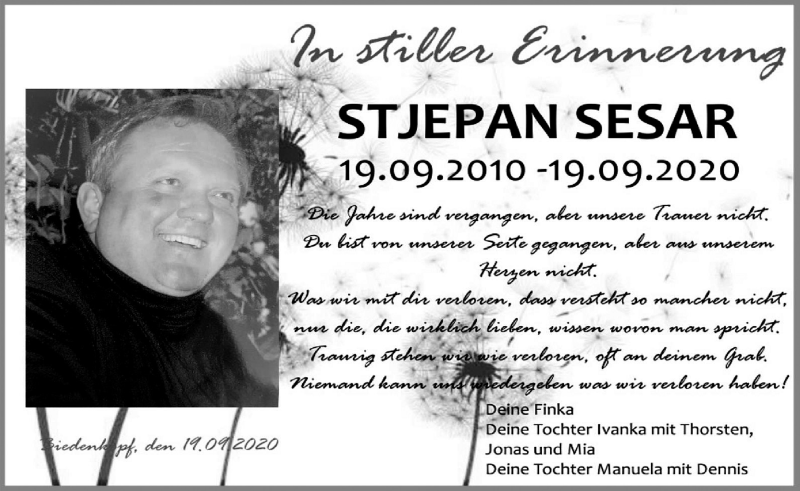  Traueranzeige für Stjepan Sesar vom 19.09.2020 aus 205 Hinterländer Anzeiger