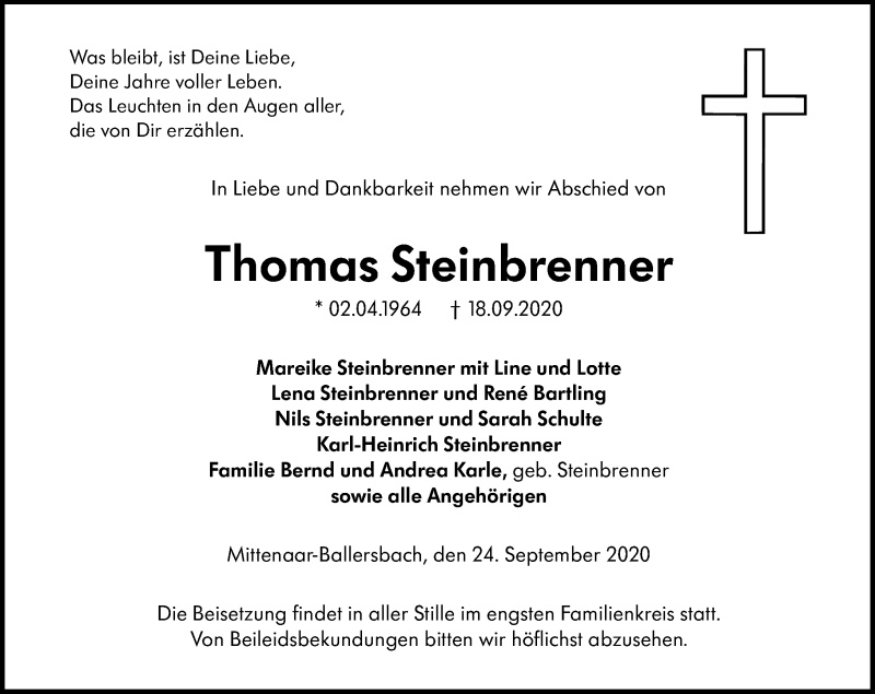  Traueranzeige für Thomas Steinbrenner vom 24.09.2020 aus 202 Dill Block