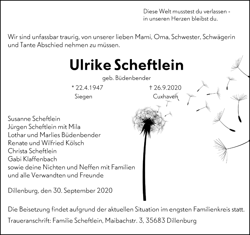  Traueranzeige für Ulrike Scheftlein vom 30.09.2020 aus 202 Dill Block