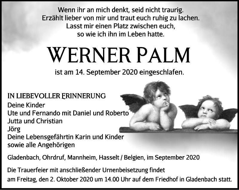  Traueranzeige für Werner Palm vom 19.09.2020 aus 205 Hinterländer Anzeiger
