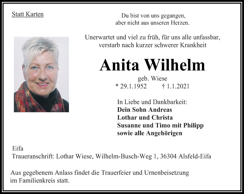  Traueranzeige für Anita Wilhelm vom 09.01.2021 aus VRM Trauer