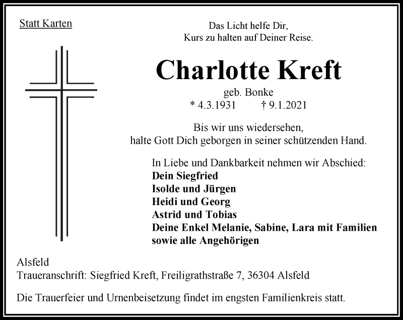  Traueranzeige für Charlotte Kreft vom 12.01.2021 aus VRM Trauer