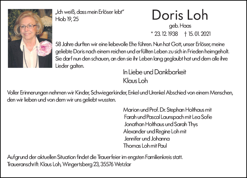  Traueranzeige für Doris Loh vom 22.01.2021 aus 201 Wetzlarer Neue Zeitung