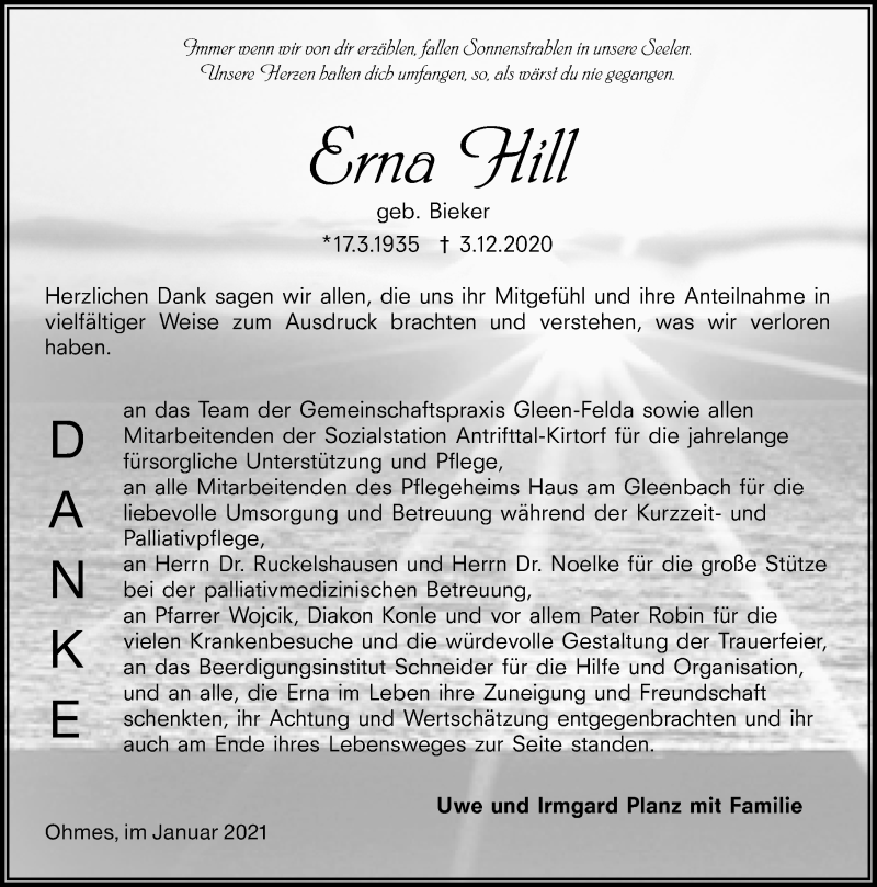  Traueranzeige für Erna Hill vom 16.01.2021 aus VRM Trauer