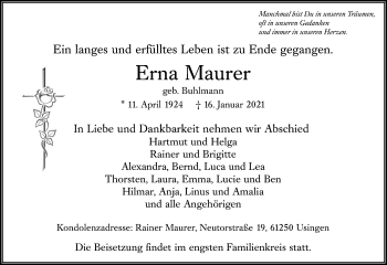 Traueranzeige von Erna Maurer von 564 Usinger Anzeiger