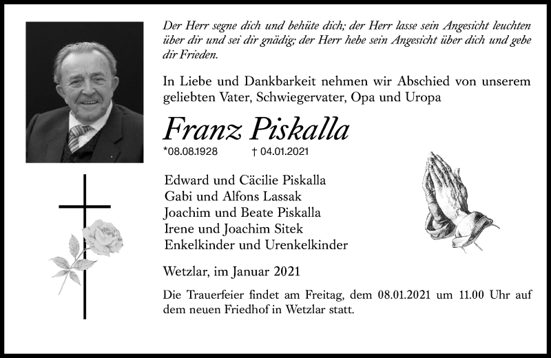  Traueranzeige für Franz Piskalla vom 06.01.2021 aus 201 Wetzlarer Neue Zeitung