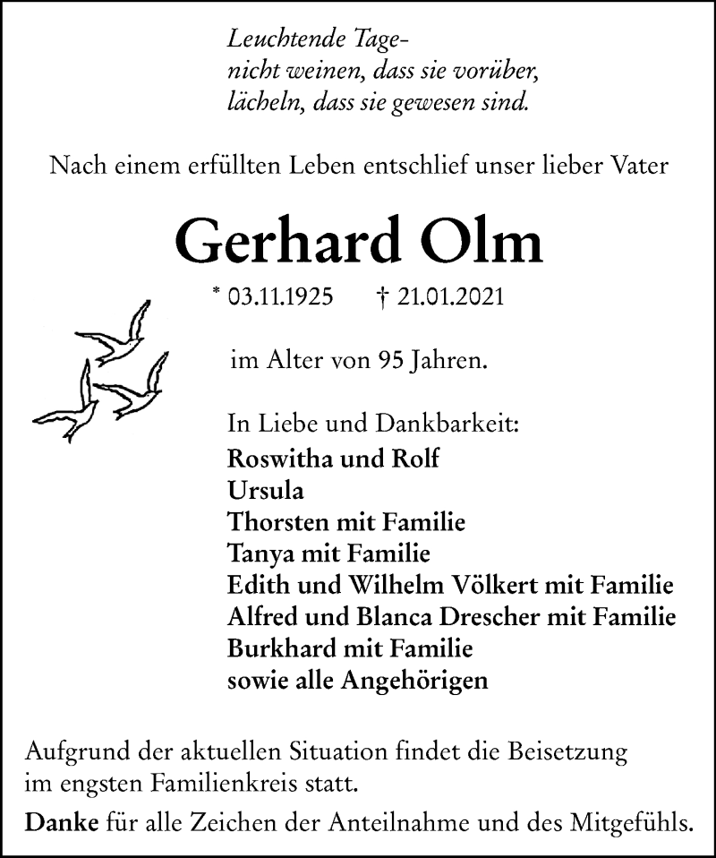  Traueranzeige für Gerhard Olm vom 30.01.2021 aus 201 Wetzlarer Neue Zeitung