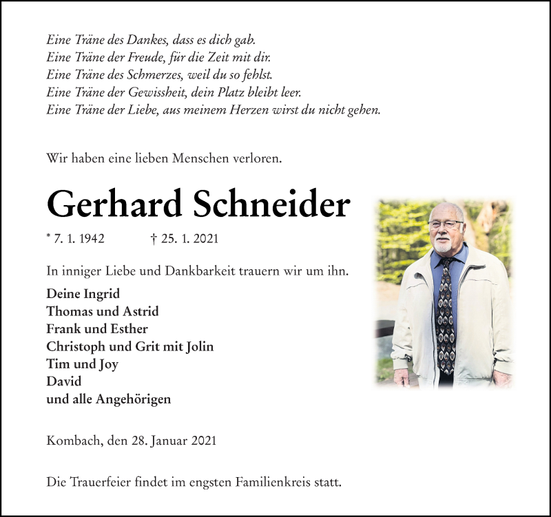  Traueranzeige für Gerhard Schneider vom 28.01.2021 aus 205 Hinterländer Anzeiger