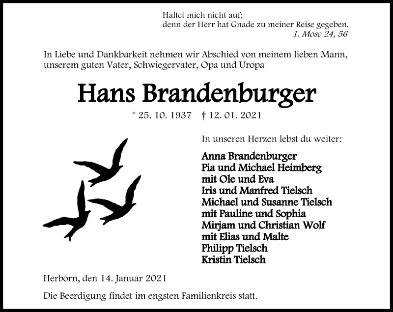  Traueranzeige für Hans Brandenburger vom 14.01.2021 aus 202 Dill Block