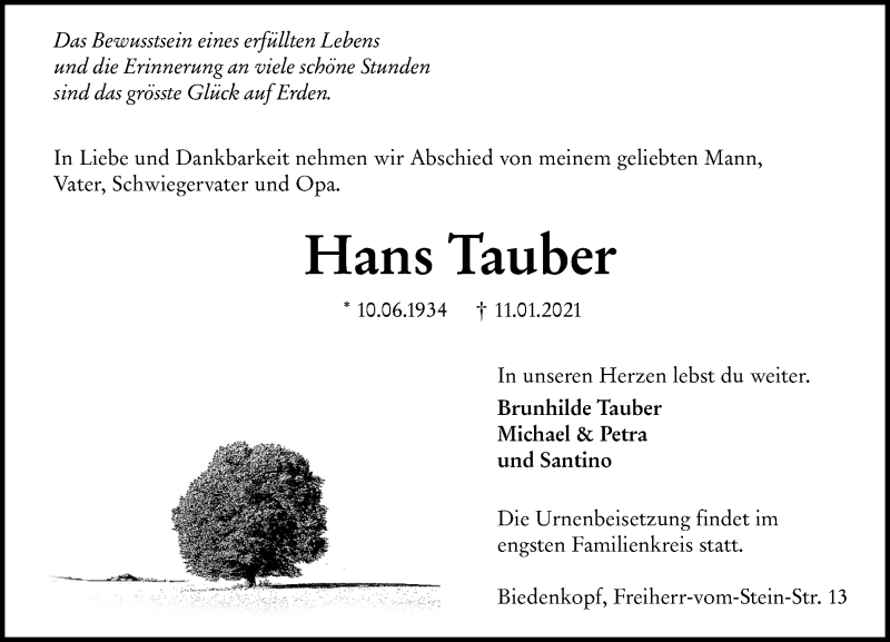  Traueranzeige für Hans Tauber vom 16.01.2021 aus 205 Hinterländer Anzeiger