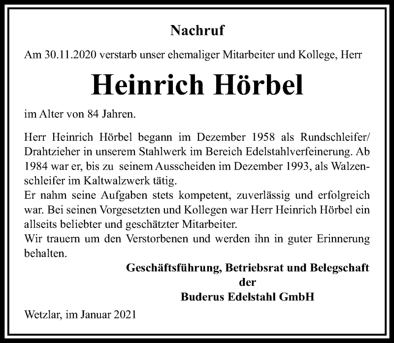  Traueranzeige für Heinrich Hörbel vom 11.01.2021 aus 201 Wetzlarer Neue Zeitung