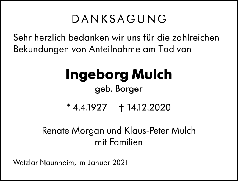  Traueranzeige für Ingeborg Mulch vom 04.01.2021 aus 201 Wetzlarer Neue Zeitung