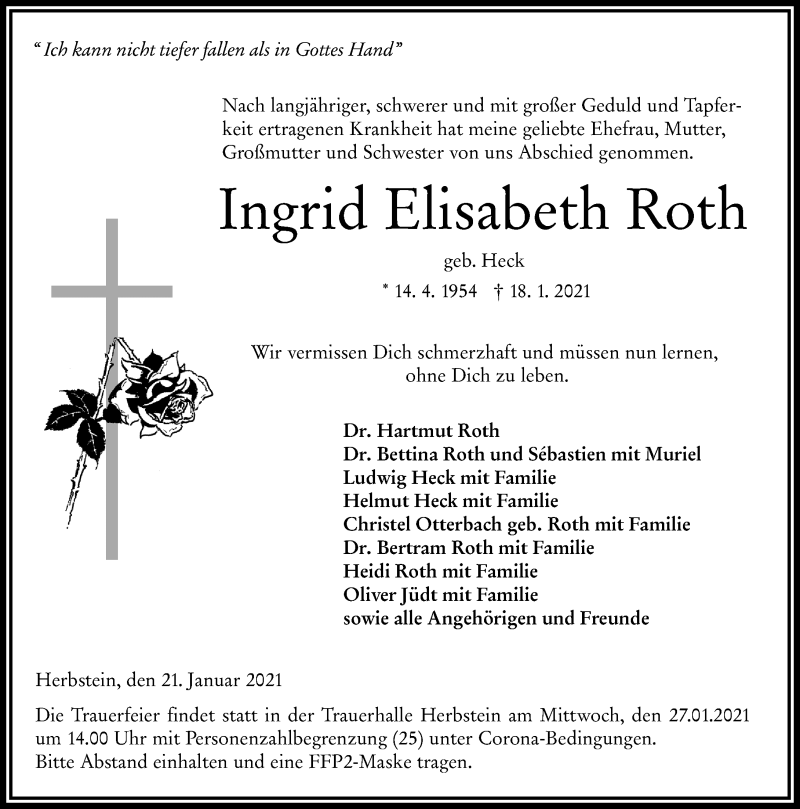  Traueranzeige für Ingrid Elisabeth Roth vom 21.01.2021 aus VRM Trauer