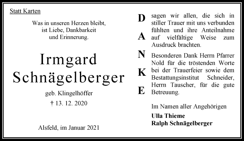 Traueranzeige für Irmgard Schnägelberger vom 23.01.2021 aus 563 Oberhessische Zeitung