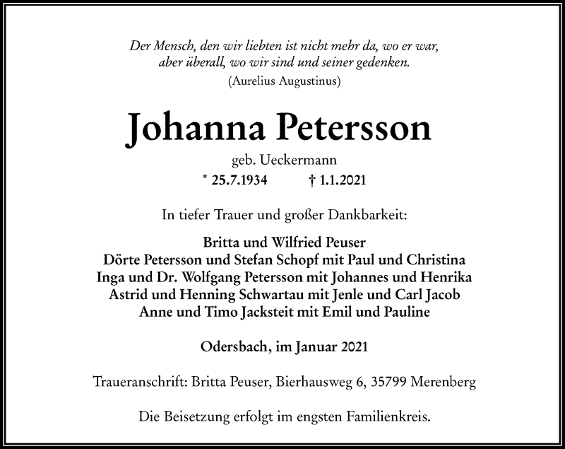  Traueranzeige für Johanna Petersson vom 09.01.2021 aus 206 Weilburger Tageblatt