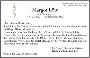 Traueranzeige von Margot Löw von 564 Usinger Anzeiger