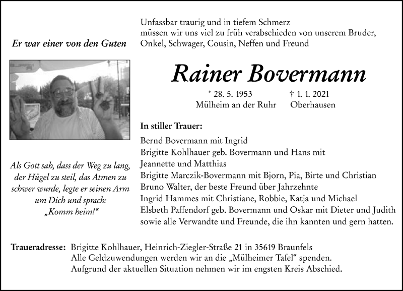  Traueranzeige für Rainer Bovermann vom 09.01.2021 aus 201 Wetzlarer Neue Zeitung