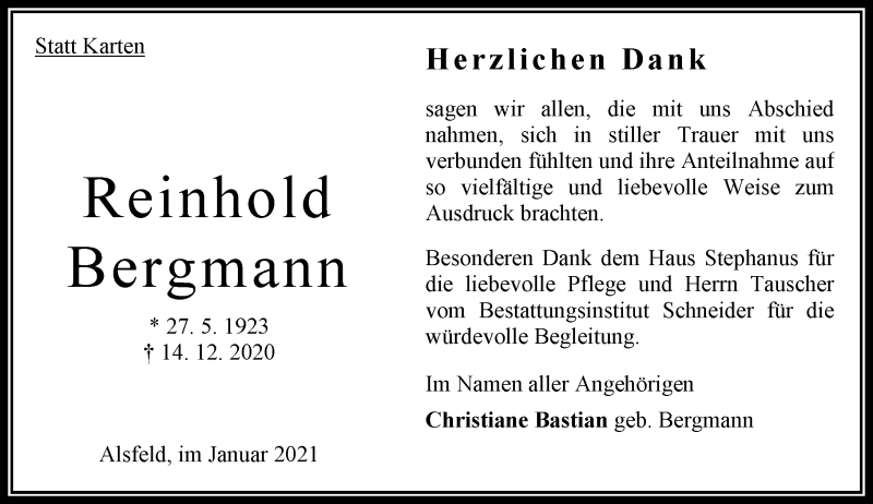  Traueranzeige für Reinhold Bergmann vom 16.01.2021 aus 563 Oberhessische Zeitung