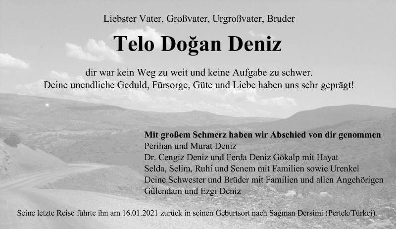  Traueranzeige für Telo Dogan Deniz vom 23.01.2021 aus VRM Trauer