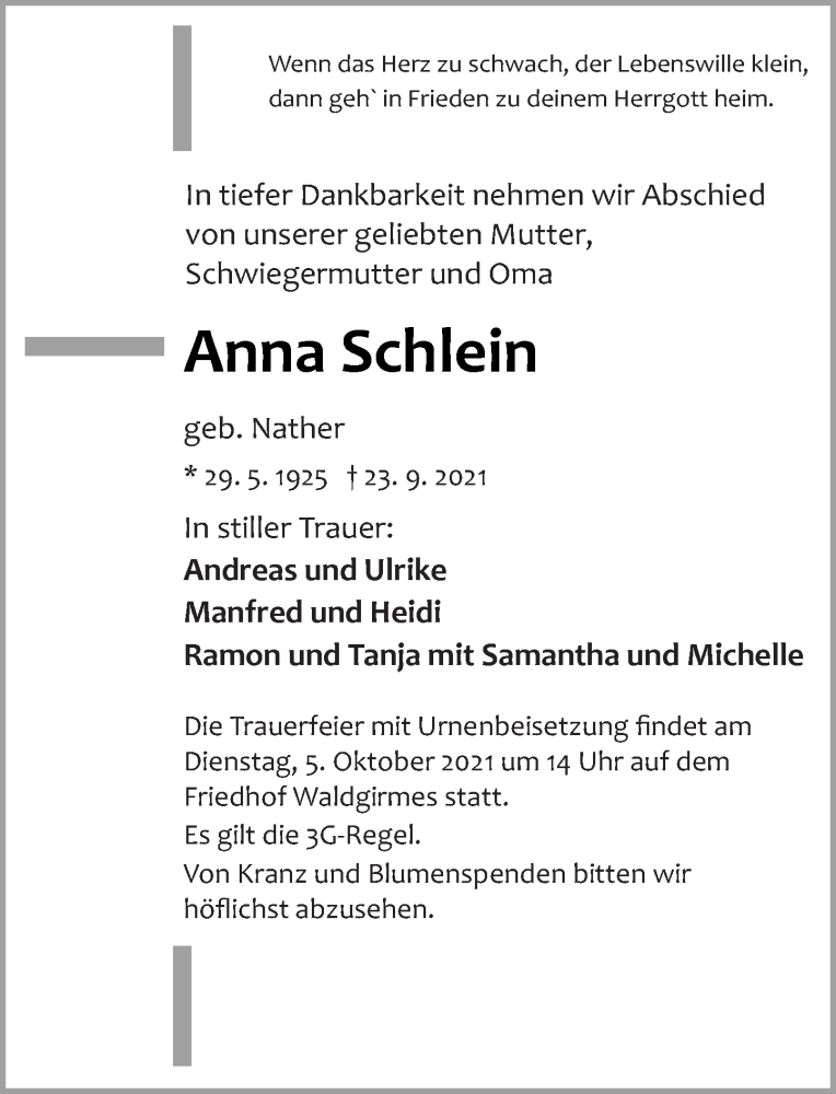  Traueranzeige für Anna Schlein vom 02.10.2021 aus 201 Wetzlarer Neue Zeitung