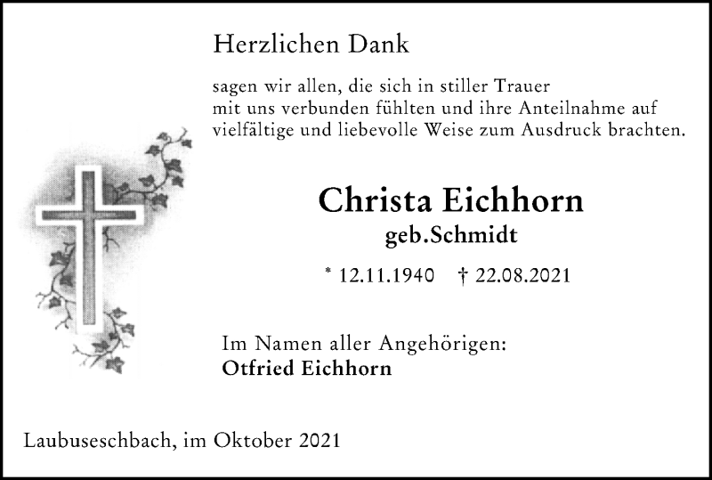  Traueranzeige für Christa Eichhorn vom 15.10.2021 aus 206 Weilburger Tageblatt