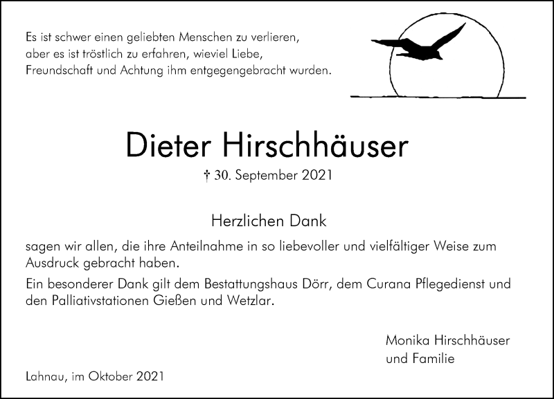  Traueranzeige für Dieter Hirschhäuser vom 23.10.2021 aus 201 Wetzlarer Neue Zeitung
