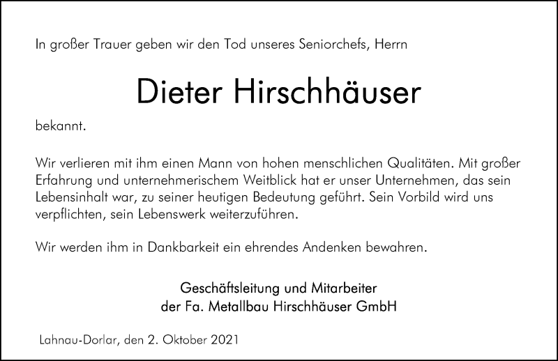  Traueranzeige für Dieter Hirschhäuser vom 02.10.2021 aus 201 Wetzlarer Neue Zeitung