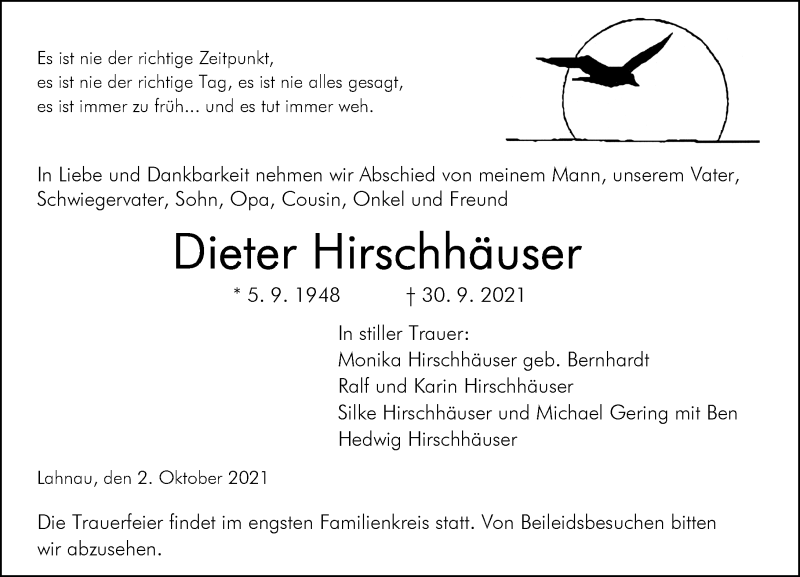  Traueranzeige für Dieter Hirschhäuser vom 02.10.2021 aus 201 Wetzlarer Neue Zeitung