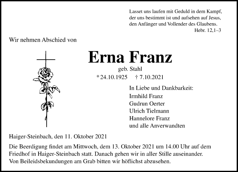  Traueranzeige für Erna Franz vom 11.10.2021 aus 202 Dill Block
