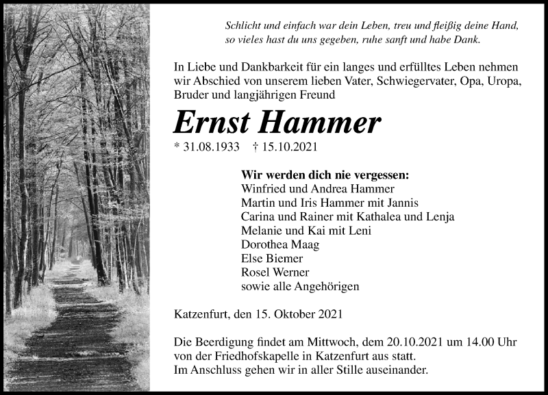  Traueranzeige für Ernst Hammer vom 18.10.2021 aus 201 Wetzlarer Neue Zeitung
