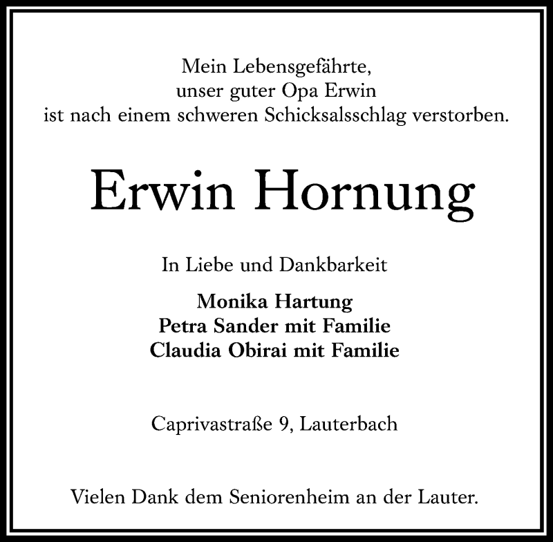  Traueranzeige für Erwin Hornung vom 13.10.2021 aus 562 Lauterbacher Anzeiger