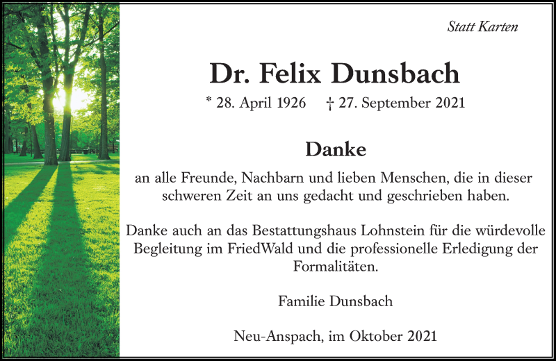  Traueranzeige für Felix Dunsbach vom 23.10.2021 aus 564 Usinger Anzeiger