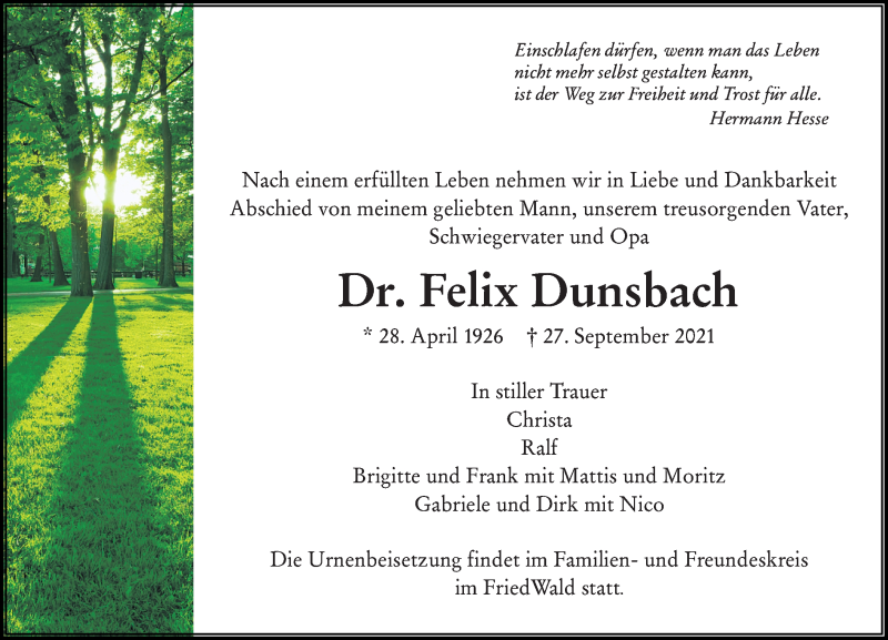  Traueranzeige für Felix Dunsbach vom 02.10.2021 aus 564 Usinger Anzeiger