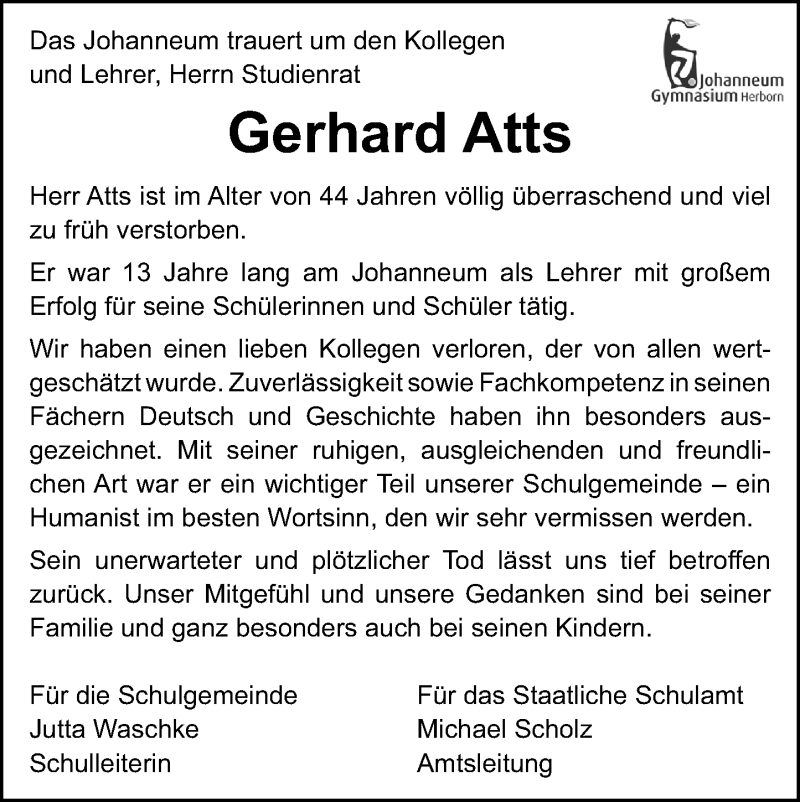  Traueranzeige für Gerhard Atts vom 14.10.2021 aus 202 Dill Block