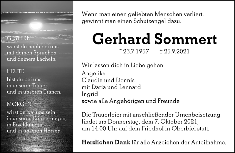  Traueranzeige für Gerhard Sommert vom 02.10.2021 aus 201 Wetzlarer Neue Zeitung