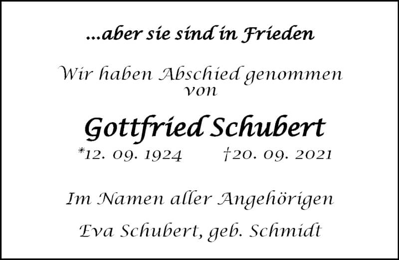  Traueranzeige für Gottfried Schubert vom 04.10.2021 aus 206 Weilburger Tageblatt
