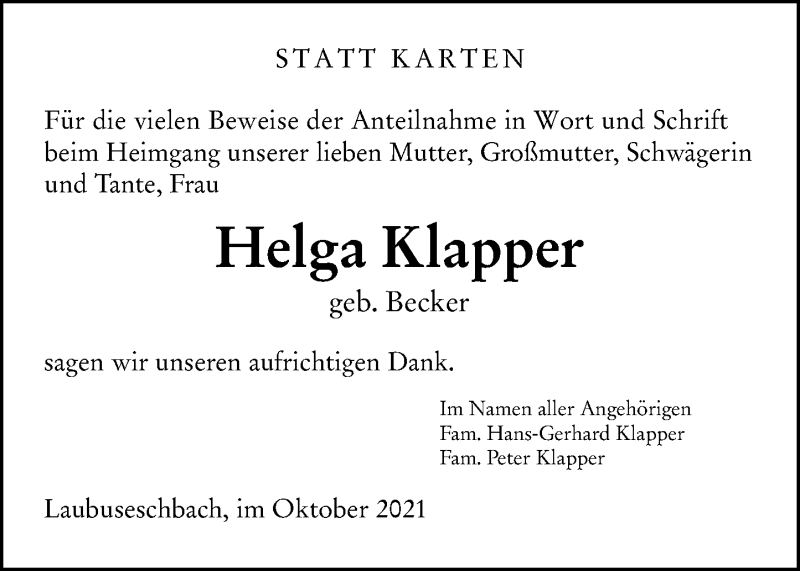  Traueranzeige für Helga Klapper vom 18.10.2021 aus 206 Weilburger Tageblatt
