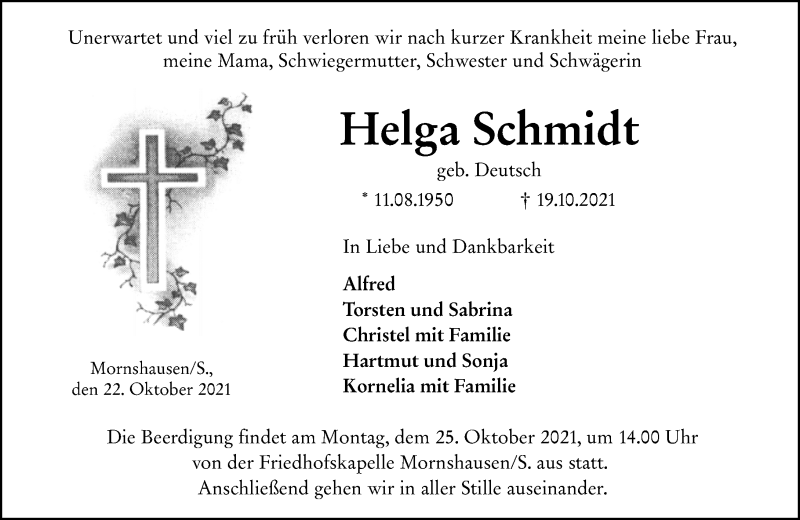  Traueranzeige für Helga Schmidt vom 22.10.2021 aus 205 Hinterländer Anzeiger