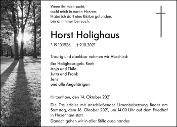 Traueranzeige von Horst Holighaus von 202 Dill Block