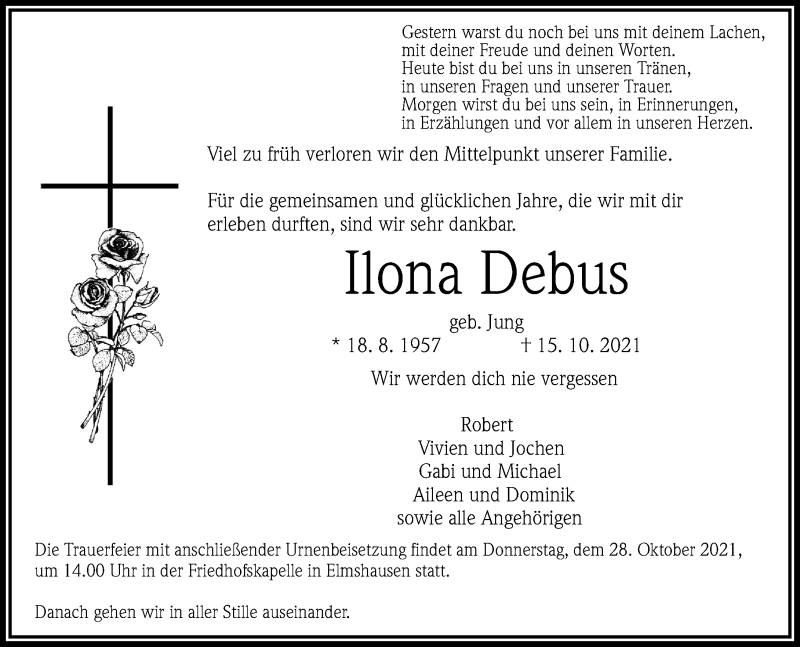 Traueranzeige für Ilona Debus vom 26.10.2021 aus 205 Hinterländer Anzeiger