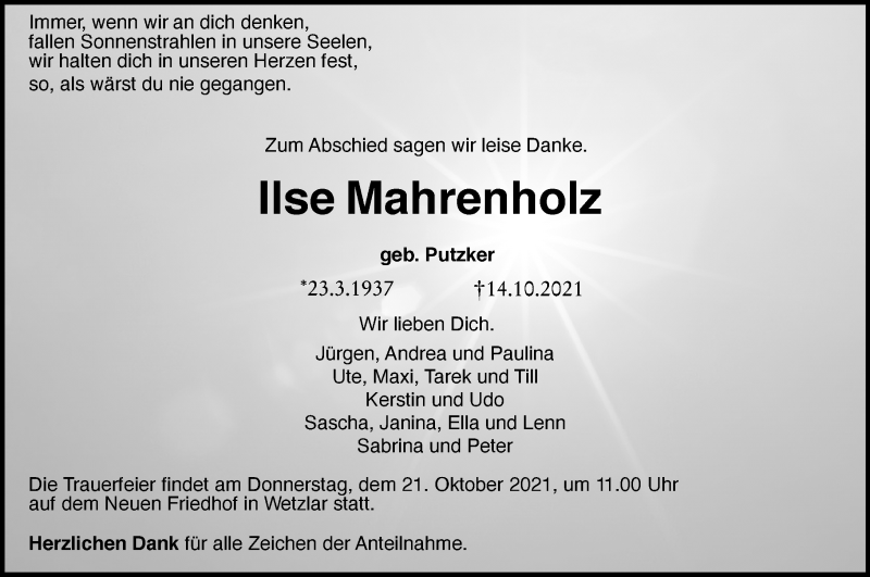 Traueranzeige für Ilse Mahrenholz vom 19.10.2021 aus 201 Wetzlarer Neue Zeitung