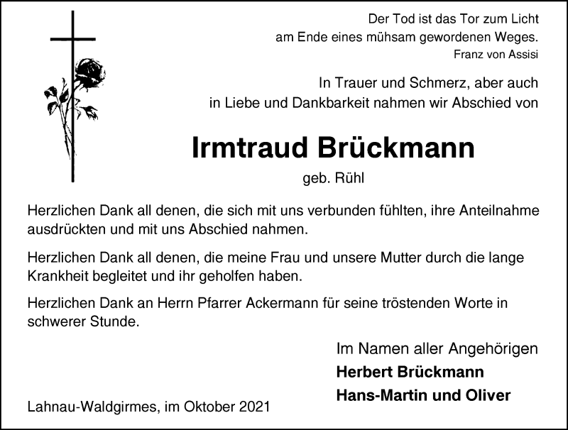  Traueranzeige für Irmtraud Brückmann vom 02.10.2021 aus 201 Wetzlarer Neue Zeitung