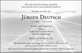 Traueranzeige von Jürgen Deutsch von 201 Wetzlarer Neue Zeitung