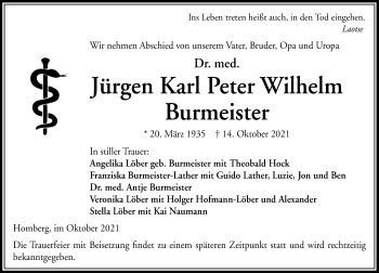 Traueranzeige von Jürgen Karl Peter Wilhelm Burmeister von 563 Oberhessische Zeitung