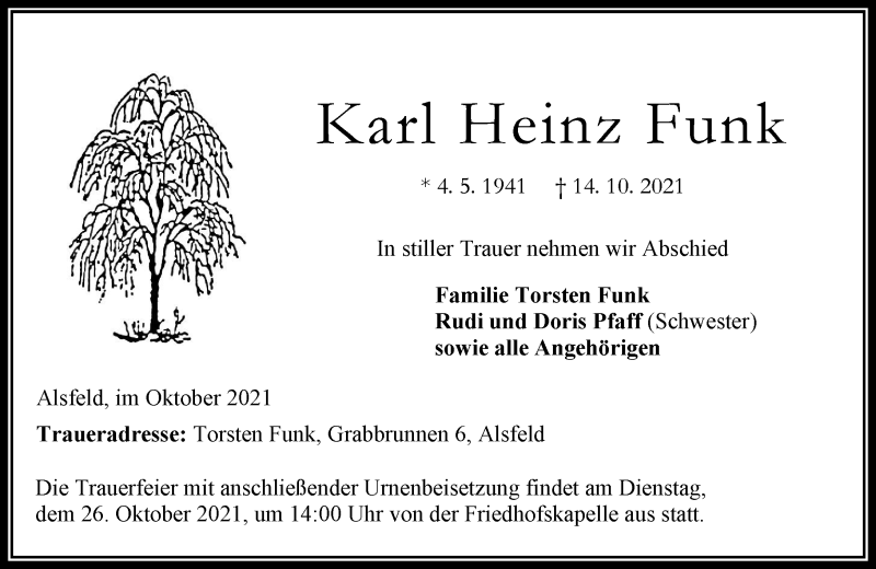  Traueranzeige für Karl Heinz Funk vom 23.10.2021 aus 563 Oberhessische Zeitung