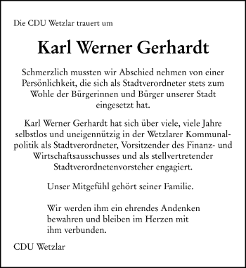 Traueranzeige von Karl Werner Gerhardt von 201 Wetzlarer Neue Zeitung