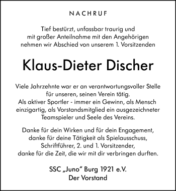 Traueranzeige von Klaus-Dieter Discher von 202 Dill Block