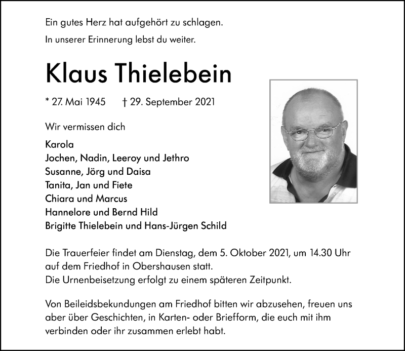  Traueranzeige für Klaus Thielebein vom 02.10.2021 aus 206 Weilburger Tageblatt